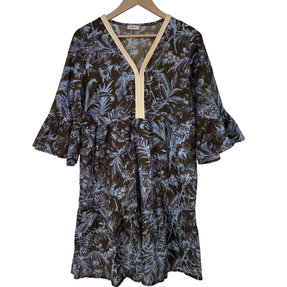 Saiph Italy Cotton Tiered Babydoll Mini‎ Dress Size L Brown Blue Tropical Floral